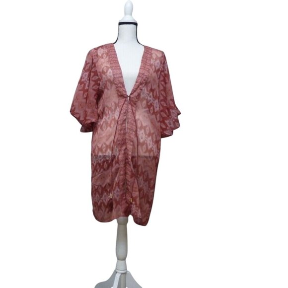 Steve Madden  Printed Short Sleeve Kimono, OS, Terracotta - Picture 5 of 8